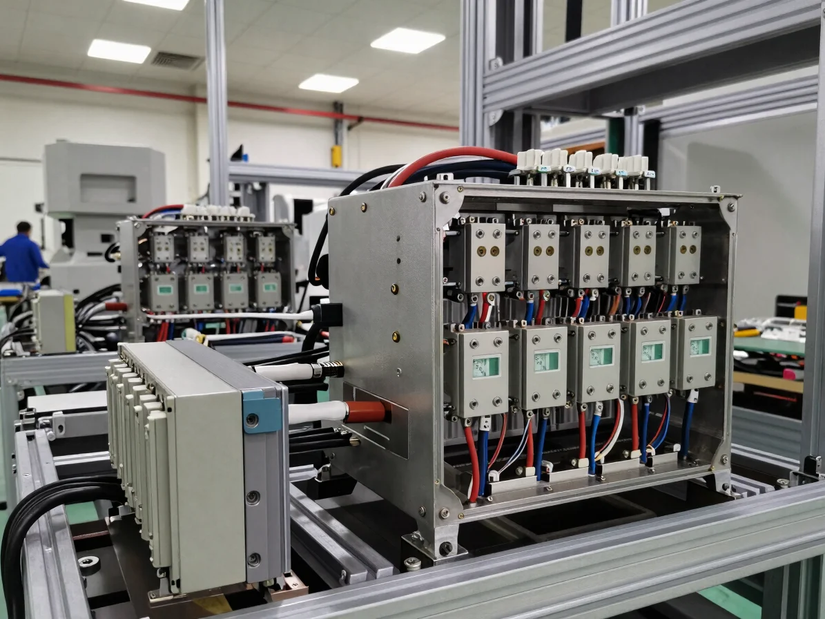 Detailed view of complex industrial electrical wire harnesses and