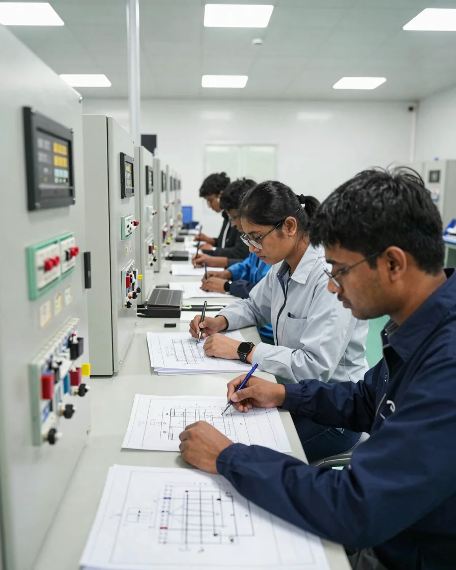 Engineers collaborating over technical drawings and electrical control panel schematics in a bright Pune manufacturing f