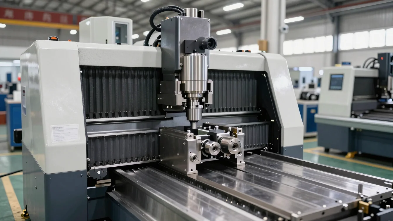 Advanced CNC machinery in operation on a clean metallic factory f