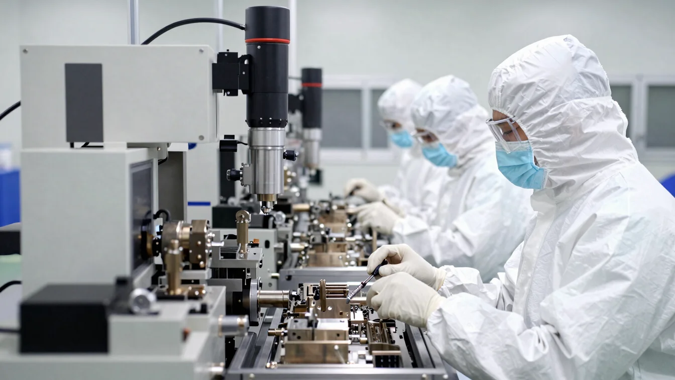 Cleanroom medical hardware assembly line in Pune, technicians in