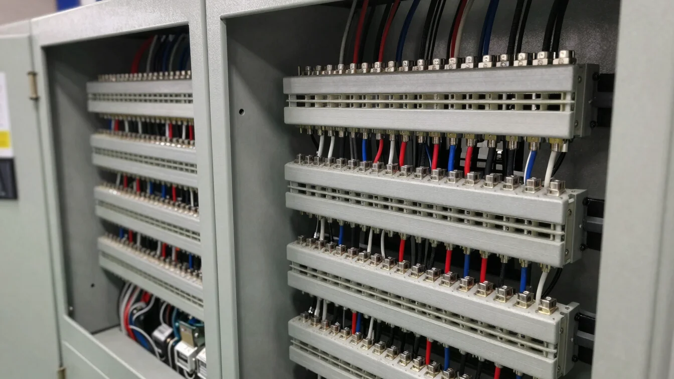 Detailed shot of complex electrical control panel wiring harnesse